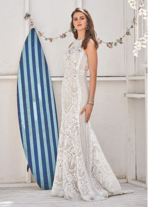 Jewel Neck Ivory Lace Keyhole Back Wedding Dress